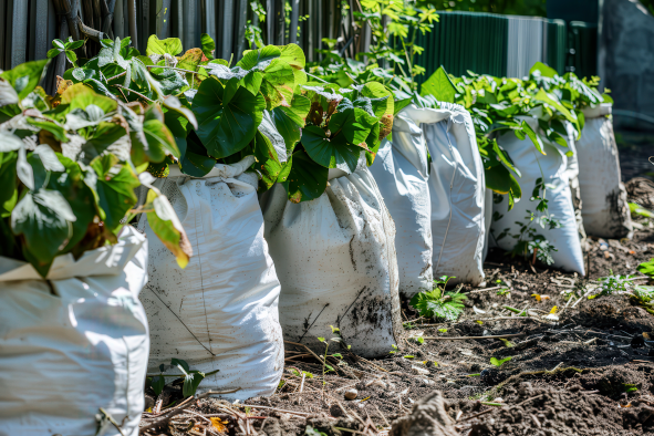 garden waste bagged up into white bags